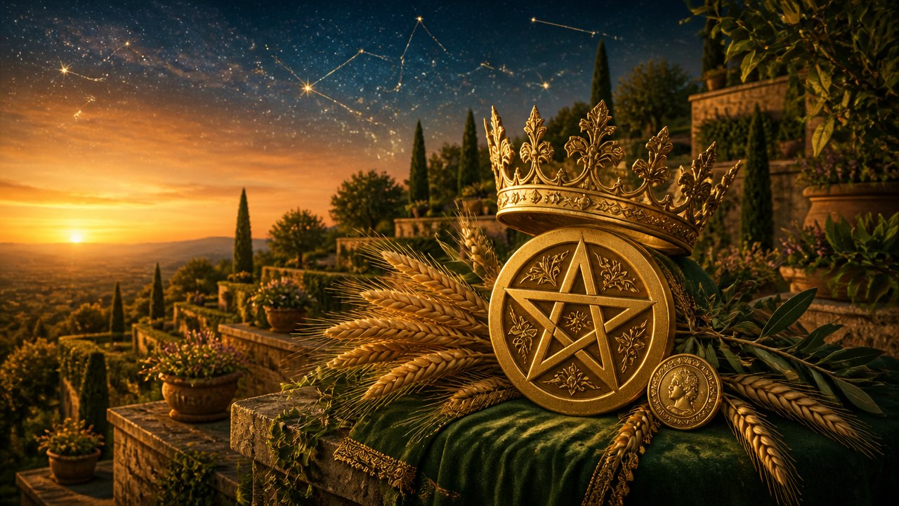Arte editorial mística sobre Rainha de Ouros no Tarot: significado, amor, trabalho e finanças
