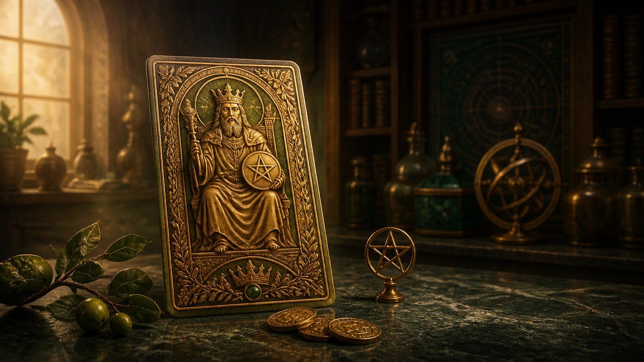 Arte editorial mística sobre Rei de Ouros no Tarot: significado, amor, trabalho e finanças