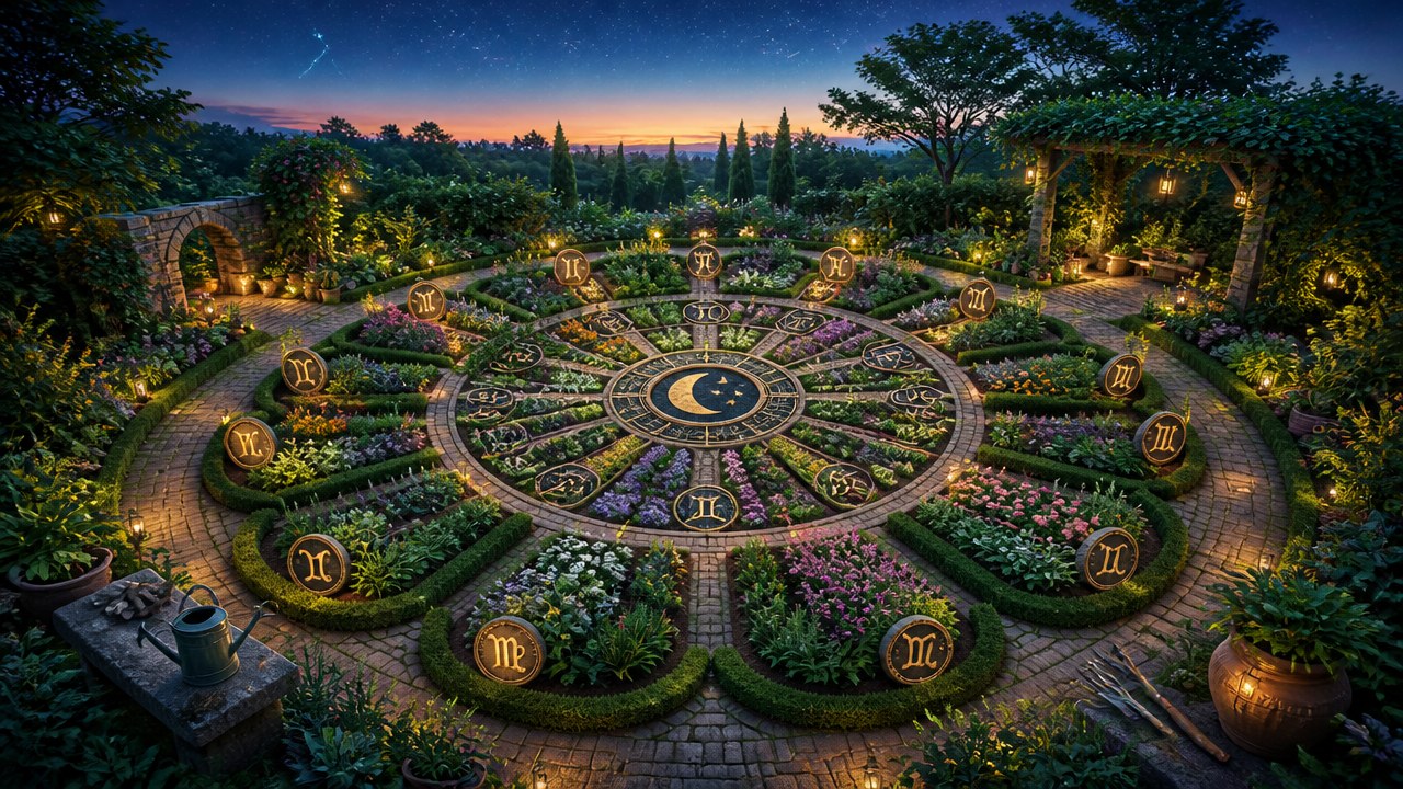 Arte editorial mística sobre Jardinagem: como cada signo cuidaria de um jardim?