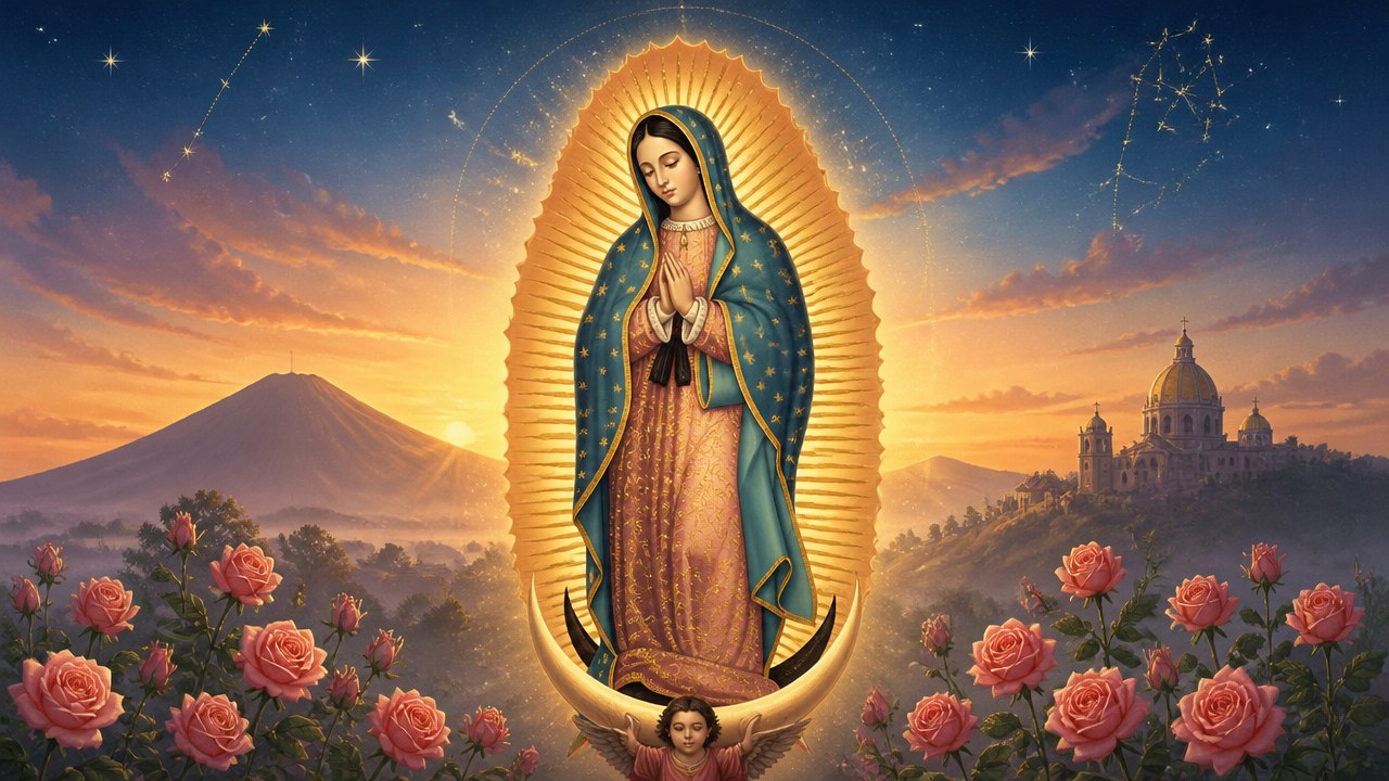 Arte editorial mística sobre Dia de Nossa Senhora de Guadalupe: conheça a história e o significado dessa devoção