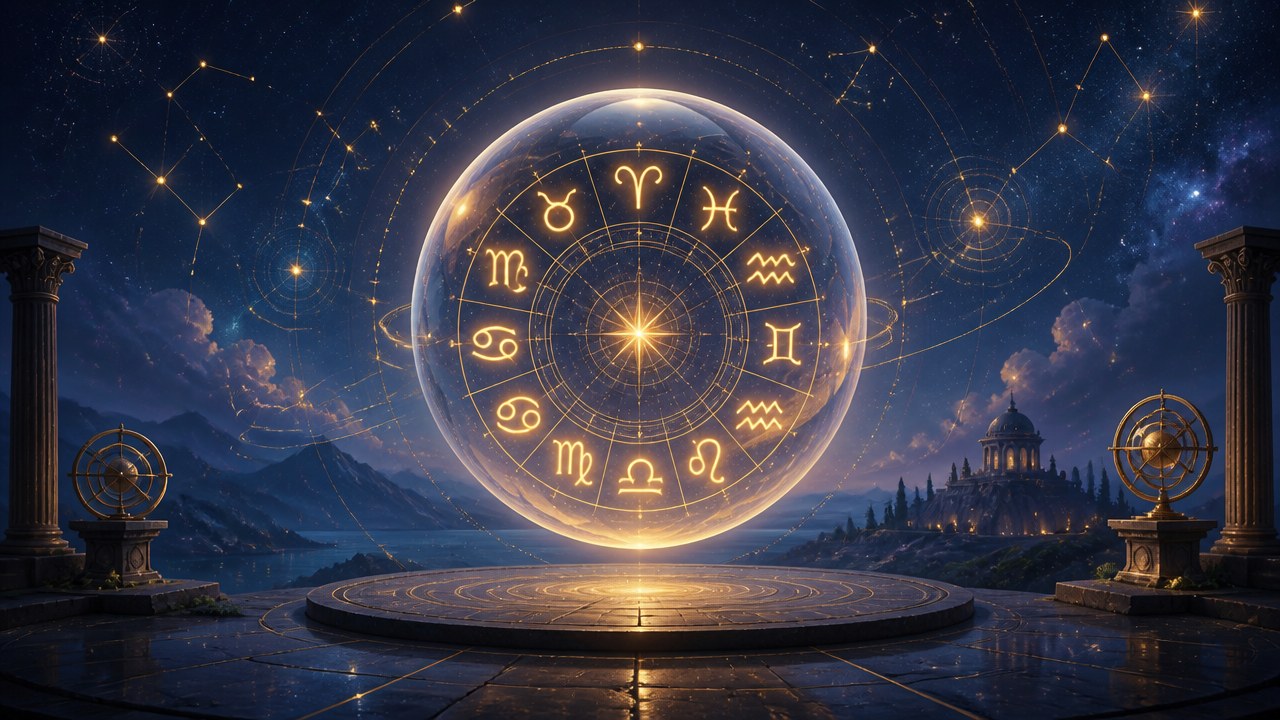 Arte editorial mística sobre A missão cármica de cada signo: descubra o seu propósito espiritual