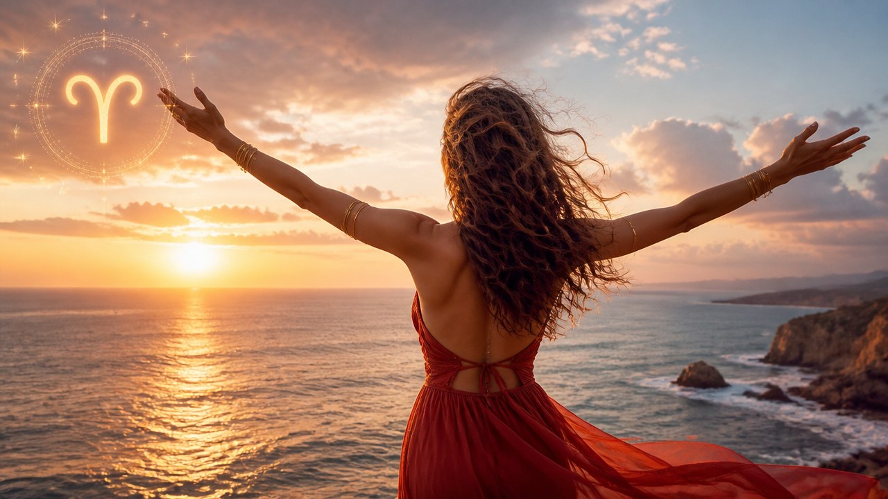 Mulher de vestido vermelho de braços abertos olhando o pôr do sol no mar com símbolo de Áries brilhando no céu.