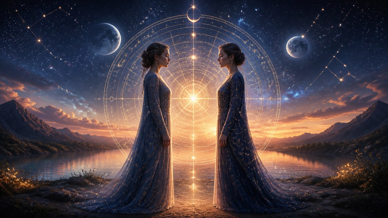 Duas mulheres idênticas de frente uma para a outra com fundo de céu estrelado e símbolos astrais