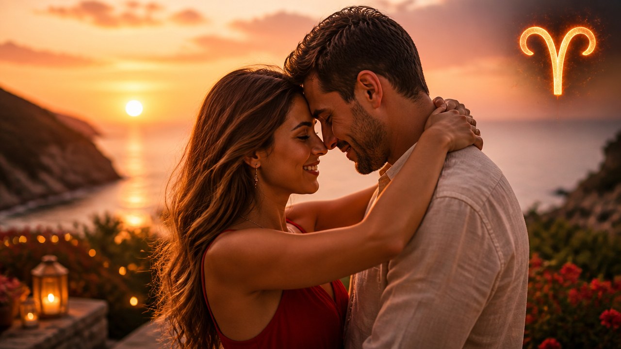 Casal abraçado em pôr do sol à beira-mar com símbolo de Áries no canto superior direito
