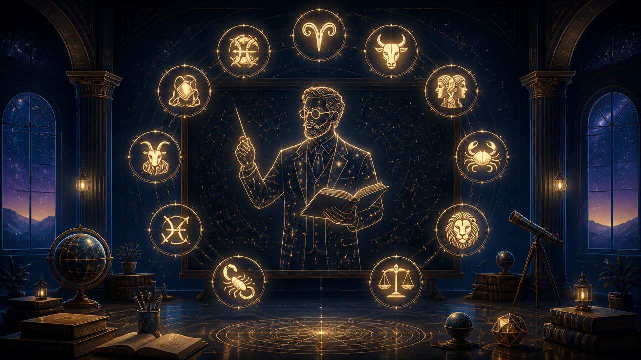 Arte editorial mística sobre O professor de cada signo