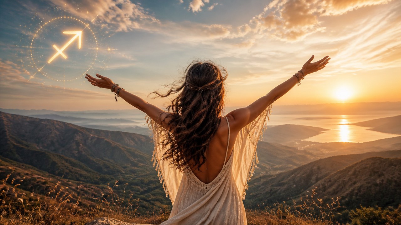 Mulher de braços abertos contemplando o pôr do sol em paisagem montanhosa com símbolo de Sagitário no céu