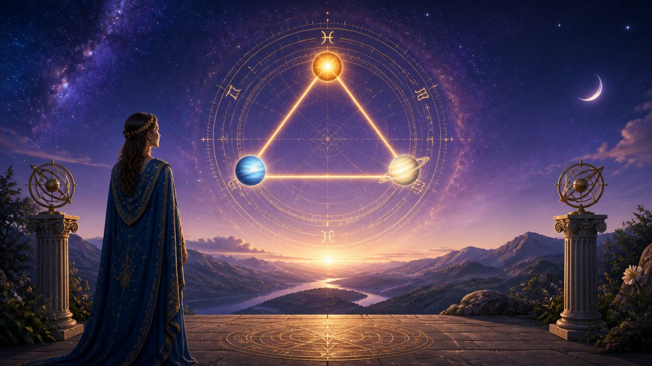 Pessoa de costas observa triângulo formado por planetas e símbolos astrológicos no céu ao pôr do sol