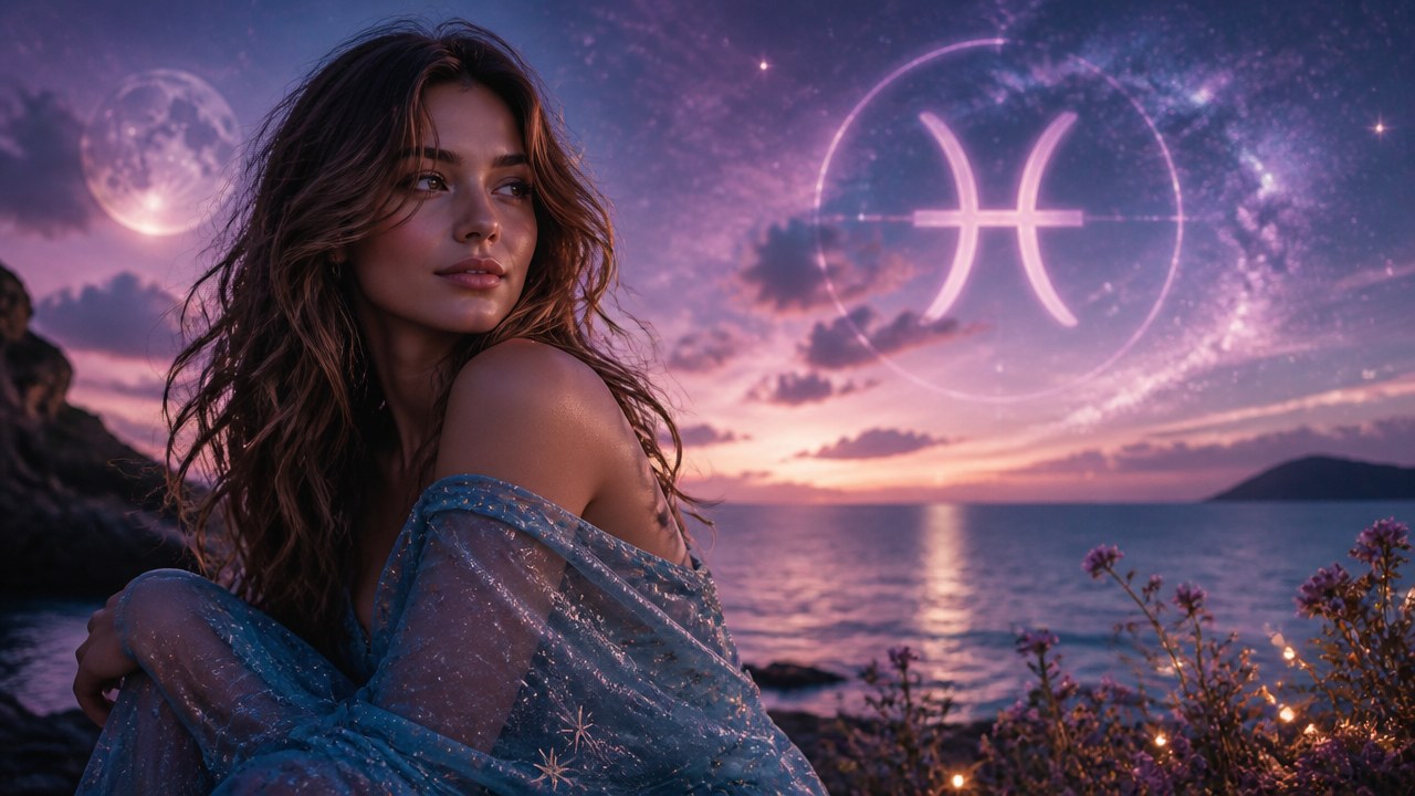 Mulher olhando para o lado com vestido azul transparente, ao fundo céu estrelado, lua e símbolo de Peixes