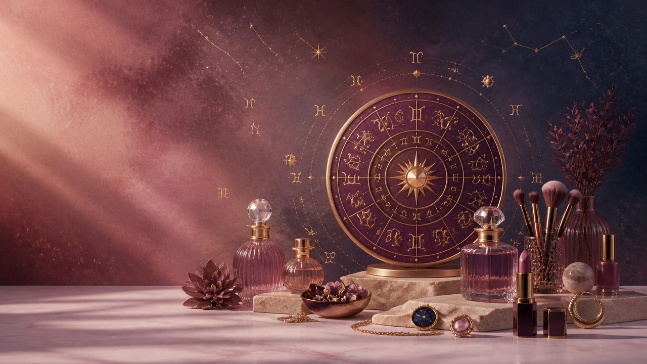 Arte editorial mística sobre Tendência de beleza que combina com cada signo