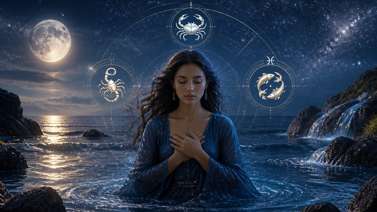 Mulher com olhos fechados em água, noite estrelada, lua cheia e símbolos dos signos de câncer, escorpião e peixes ao redor