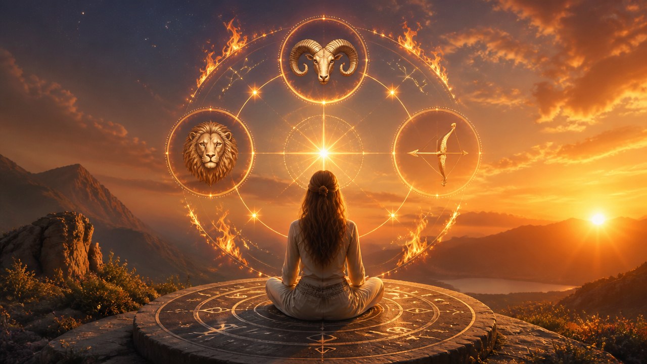 Mulher meditando ao pôr do sol com símbolos dos signos de fogo ao redor, em cenário montanhoso