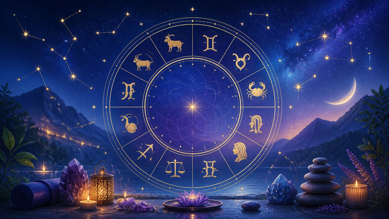 Arte editorial mística sobre Saúde dos signos: dicas de bem-estar para cada signo do zodíaco