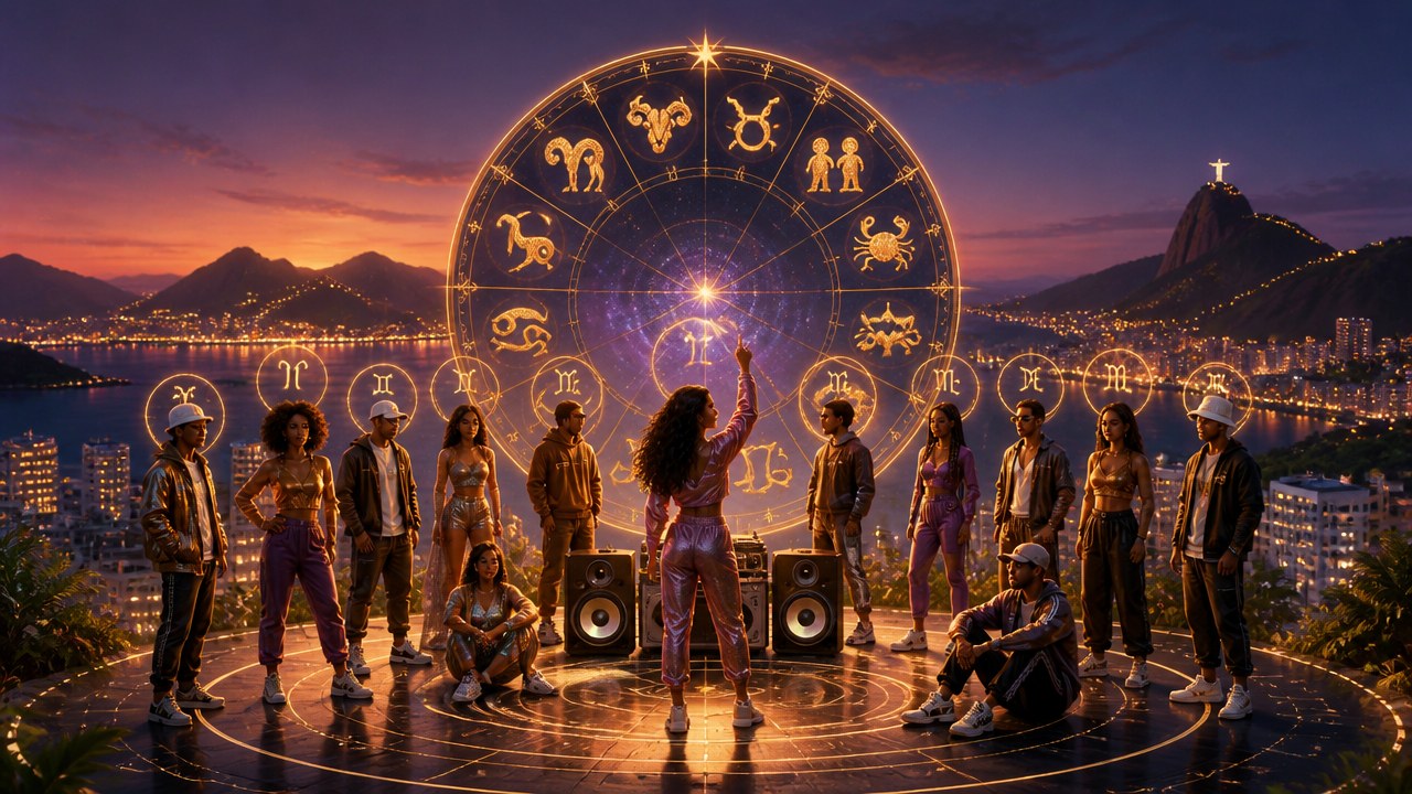 Grupo de pessoas em círculo com símbolos do zodíaco iluminados ao fundo, cenário noturno com vista da cidade e Cristo Redentor