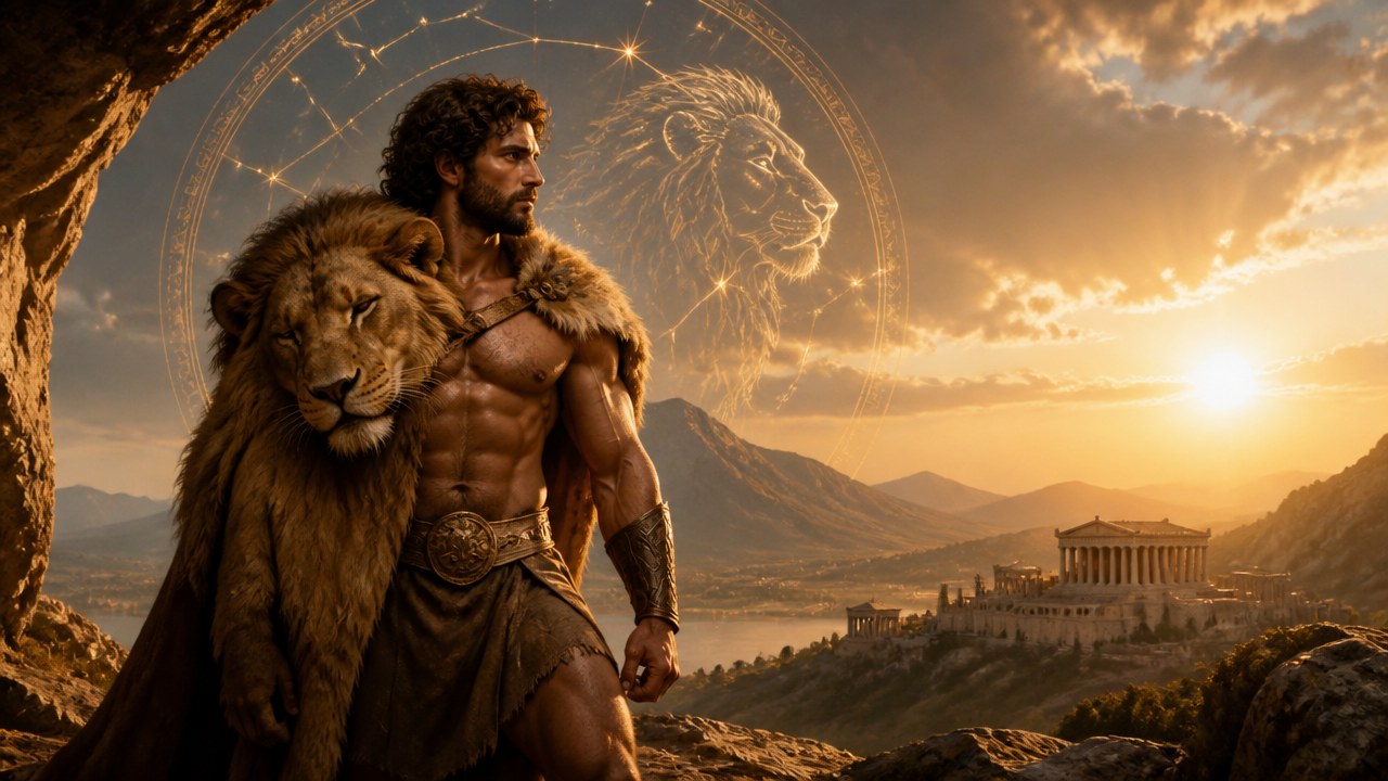 Homem forte com pele de leão sobre os ombros, ao pôr do sol, com templo grego e leão zodiacal no céu