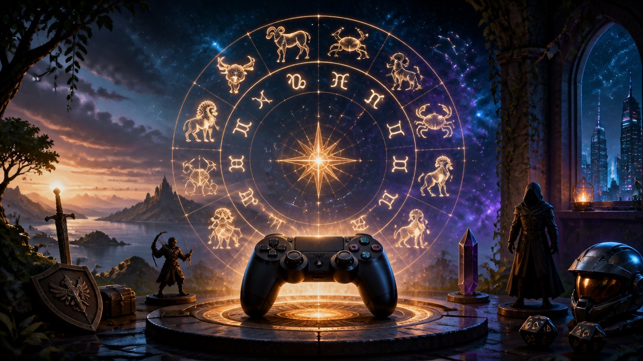 Controle de videogame com círculo dos signos do zodíaco brilhando ao fundo em cenário de fantasia