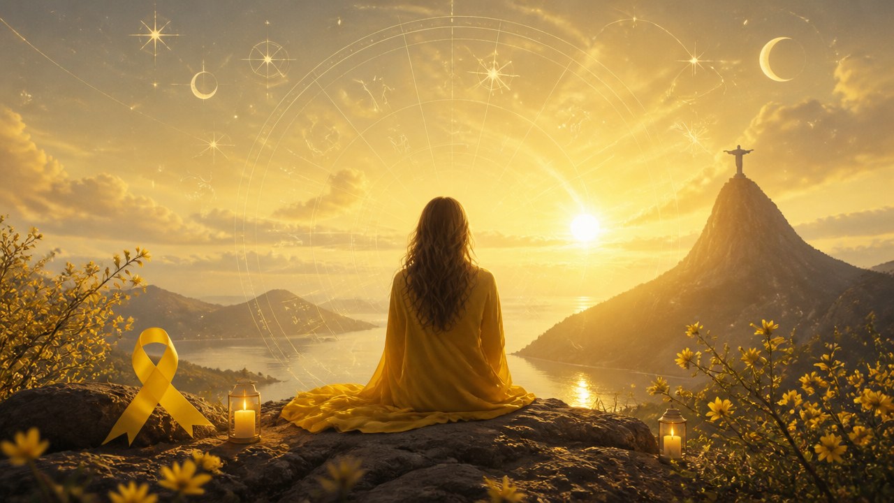 Pessoa de costas vestindo amarelo sentada em pedra com fitas amarelas, velas e Cristo Redentor ao pôr do sol