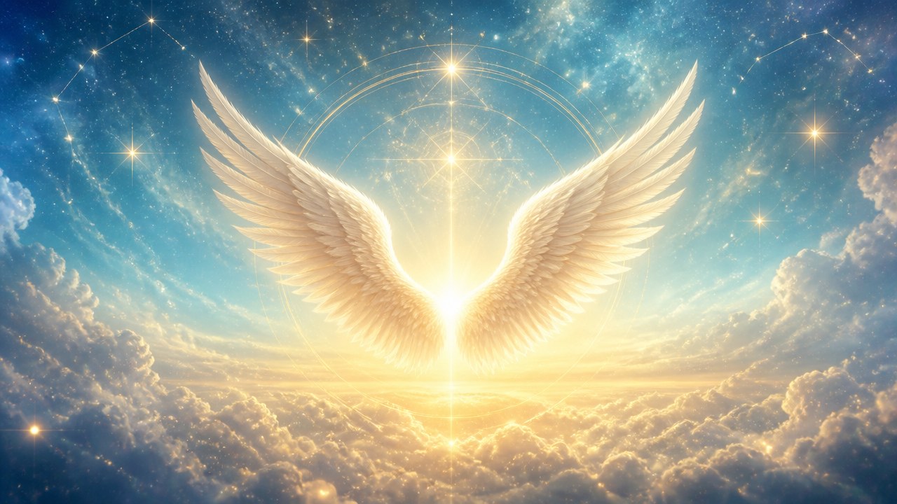Arte editorial mística sobre Oração do Anjo da Guarda: preces de proteção e bênçãos