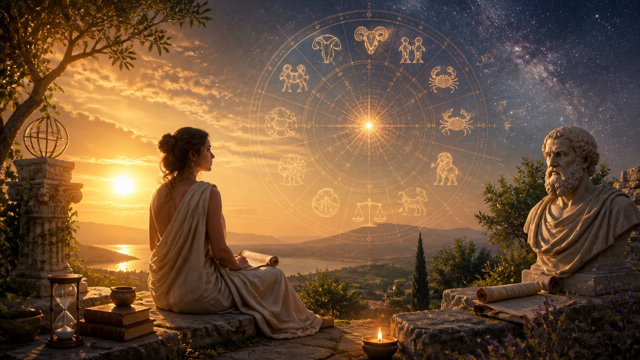 Mulher vestida em túnica observa signos do zodíaco iluminados no céu ao pôr do sol, com estátua de filósofo ao lado