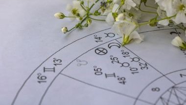 Imagem de uma mandala astrológica com desenhos dos elementos dos signos do zodíaco.