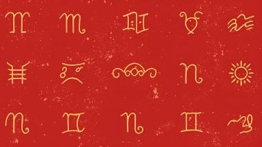 Imagem de fundo do universo na cor vermelho e dourado e em destaque os 12 glifos dos signos do zodíaco.