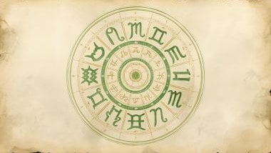 Imagem de uma mandala astrológica com os 12 glifos dos signos nas cores verde e bege, desenhada em um pergaminho.
