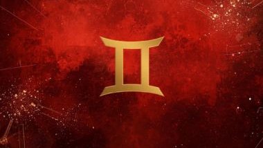 Imagem de fundo vermelho e alguns elementos em dourado e o glifo do signo de gêmeos em destaque