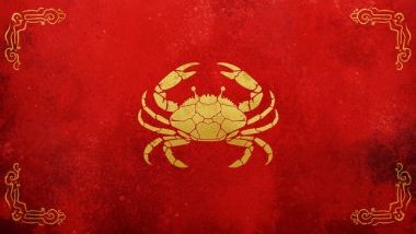 Imagem de fundo vermelho e alguns elementos em dourado e o glifo do signo de câncer, simbolizado pelo carangueijo, em destaque.