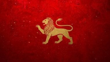 Imagem de fundo vermelho e alguns elementos em dourado e a foto de um leão em destaque.