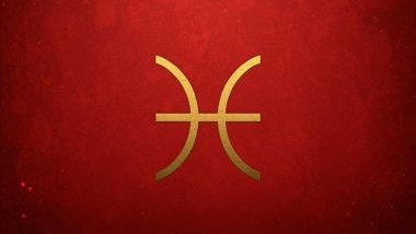 Imagem de fundo vermelho e alguns elementos em dourado e o glifo do signo de peixes em destaque.