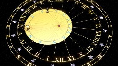 Imagem de uma mandala astrológica, nas cores preto e amarelo. Ela traz os glifos dos 12 signos e os Algarismos Arábicos e Romanos.