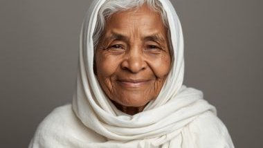 Imagem da vovó catarina que se veste com roupas claras, sempre com um lenço cobrindo a cabeça, simbolizando pureza, respeito e devoção. Sua aparência é de uma idosa negra, de semblante calmo e olhar compassivo.