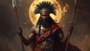 Imagem de Ogum Xoroquê que é atento, disciplinado e protetor.  Costuma usar roupas vermelhas e azuis e carrega espadas, lanças ou outros instrumentos de ferro.