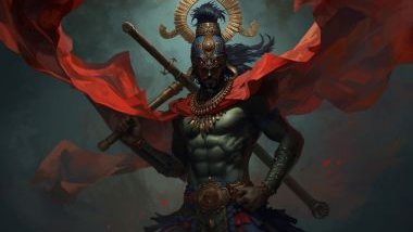 Imagem de Ogum que fisicamente, é associado a um porte atlético e resistente, com movimentos rápidos e enérgicos, representando o comandante supremo. Suas cores são o vermelho, verde ou azul escuro, simbolizando ação e luta. 