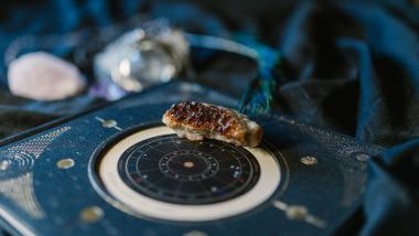 Imagem de uma pedra preciosa sobre uma mandala astrológica na cor azul.