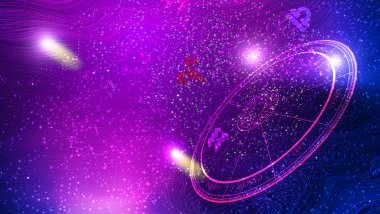 Imagem de fundo roxo, trazendo elementos do universo. Em destaque, a mandala astrológica com os elementos dos 12 signos.