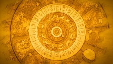 Imagem de uma mandala astrológica nas cores amarelo claro e amarelo escuro.