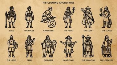 Imagem de fundo bege com os 12 arquétipos que representam cada um dos signos: o governante, o cara comum, o tolo, o cuidador, o herói, o sábio, o amante, o rebelde, o explorador, o mago, o inocente, o criador, sem colocar o nome em cada um deles.