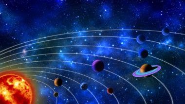 Imagem do sistema solar com os planetas e as estrelas.