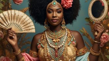Imagem de Oxum Iponda usando trajes em tons de dourado, rosa e azul-claro, adornados com joias e flores. Seus colares são ricos e delicados, simbolizando prosperidade, encanto e feminilidade. Carrega leques, espelhos e flores nas mãos, reforçando sua cone