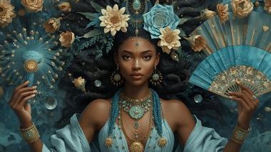 Imagem de Oxum Kare que usa roupas em tons de azul, verde-água ou dourado claro, simbolizando água, cura e equilíbrio. Seus colares são delicados e ricos em significado, e ela carrega espelhos, flores e leques, reforçando sua energia de proteção, beleza e