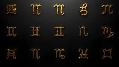 Imagem em 3d com fundo preto e letras em dourado com os logos dos 12 signos do zodíaco