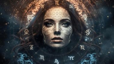 Imagem nas cores azul e marrom e em destaque a foto do rosto de uma mulher bonita e em destaque os 12 elementos dos signos do zodíaco.