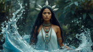 Imagem de Otin, entidade ligada a Oxóssi que possui uma energia firme e acolhedora.  Otin é tradicionalmente representada com vestes em tons de azul-claro, verde e branco, cores que evocam as águas doces e as matas. 