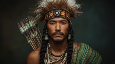 Imagem do Caboclo Araribóia que é tradicionalmente representado com trajes em tons de verde, marrom e branco, cores que simbolizam a floresta, a terra e a pureza espiritual.