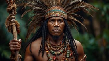 Imagem do Caboclo Arranca-Toco que costuma ser representado com trajes em tons de verde-escuro, marrom e vermelho-terra, cores que expressam o vigor das matas e a energia vital que pulsa na natureza.