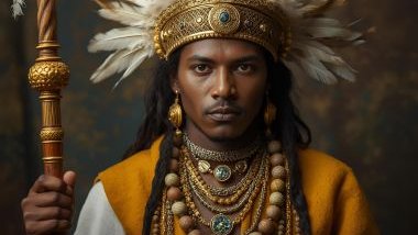 Imagem do Caboclo Pena Dourada representado com roupas em tons de dourado, branco e marrom. Usa adornos de penas douradas, colares de contas naturais e, muitas vezes, carrega um cajado ou bastão ritual, representando proteção e orientação. Seu semblante t