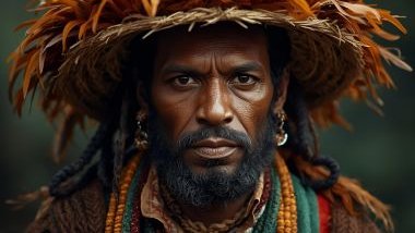 Imagem do Exu das Matas que costuma ser representado com roupas em tons de verde, marrom e vermelho-terra, que remetem às cores da floresta e ao fogo vital que anima a natureza. Costuma usar chapéu de palha ou penas. Seu olhar transmite calma e confiança.