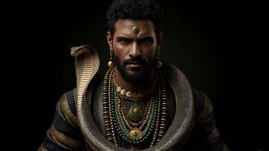 Imagem do Exu Cobra representado com roupas em tons de verde-escuro, preto e dourado. Usa colares com contas verdes e douradas e, em algumas representações, traz uma serpente como símbolo de sua força e domínio sobre a energia vital.