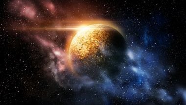 Imagem do universo e em destaque um planeta e as estrelas.