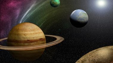 Imagem de vários planetas e ao fundo o universo estrelado.